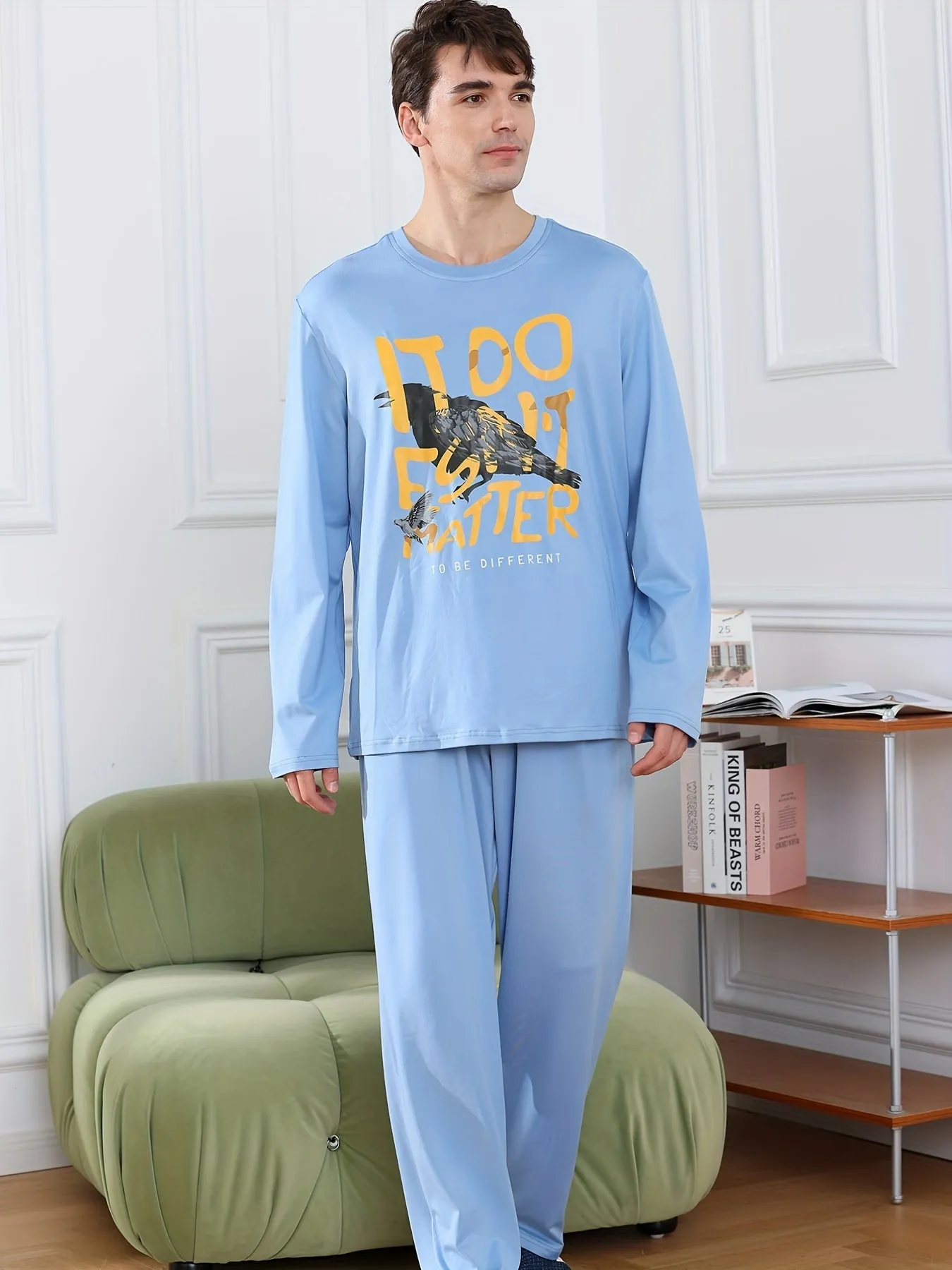 Men's Simple Style Casual Letter And Cartoon Print Pajamas Sets, Long Sleeve Crew Neck Top & Loose Pants Home Pajamas Sets, Outdoor Sets For Autumn Winter