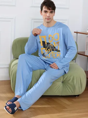 Men's Simple Style Casual Letter And Cartoon Print Pajamas Sets, Long Sleeve Crew Neck Top & Loose Pants Home Pajamas Sets, Outdoor Sets For Autumn Winter