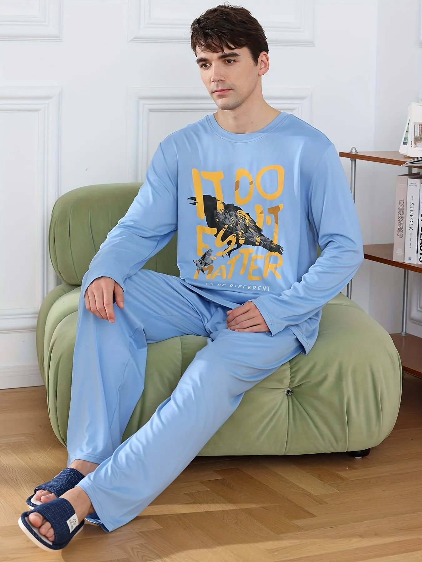 Men's Simple Style Casual Letter And Cartoon Print Pajamas Sets, Long Sleeve Crew Neck Top & Loose Pants Home Pajamas Sets, Outdoor Sets For Autumn Winter