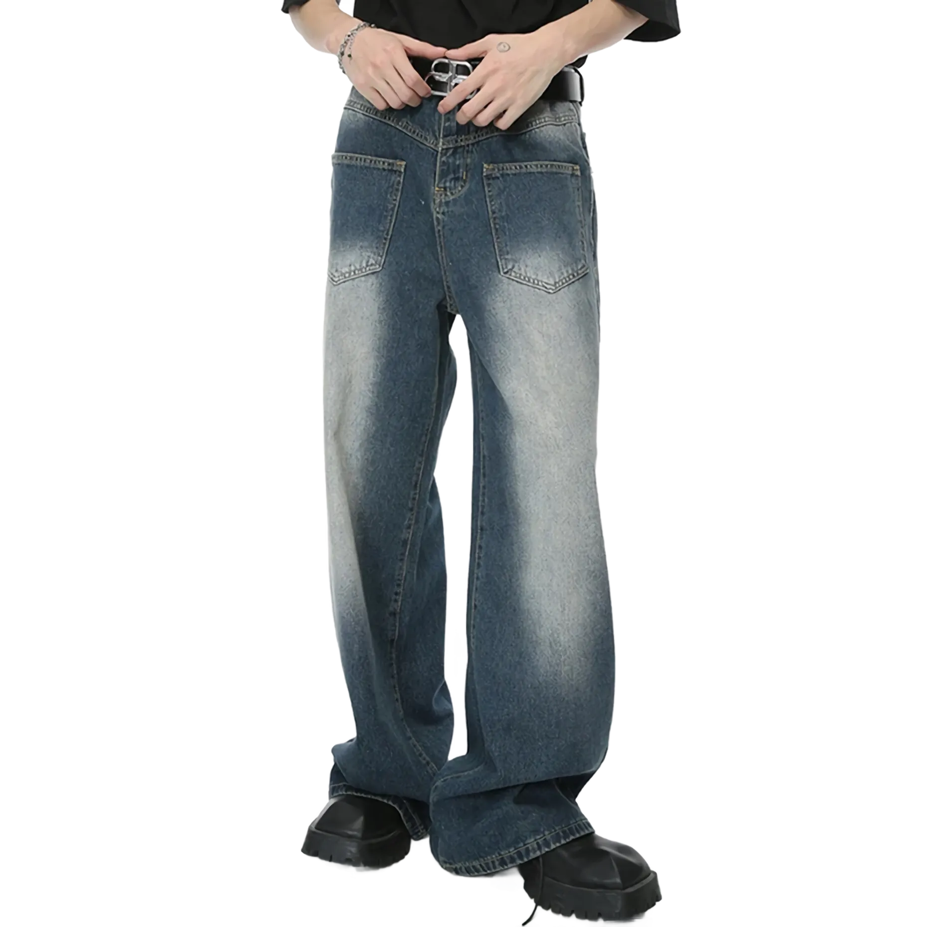 Reverse Pocket Vintage Faded Straight-Leg Jeans