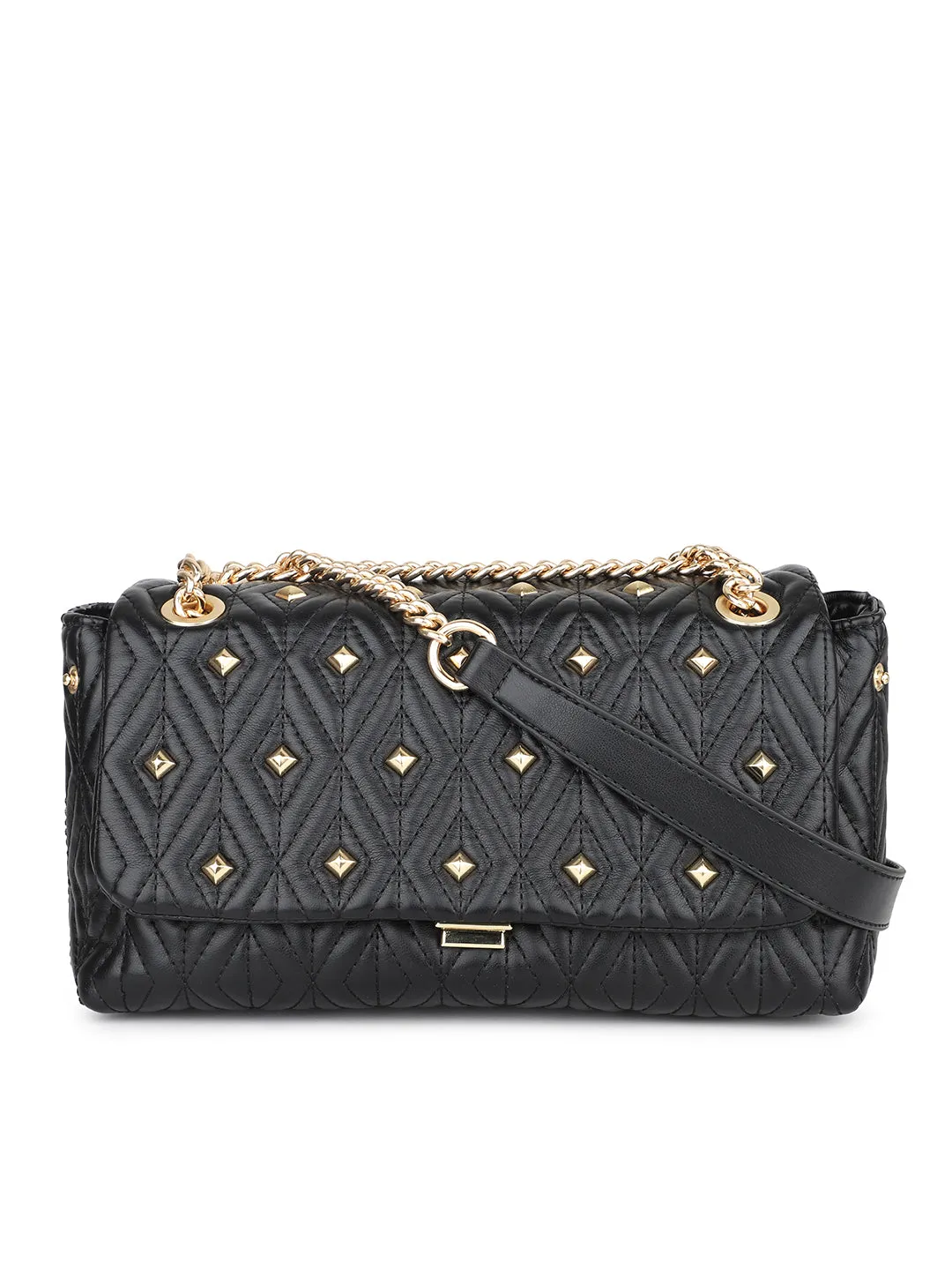 Women Black Quilted Embellished Shoulder Bag