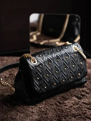 Women Black Quilted Embellished Shoulder Bag